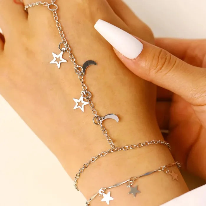 Star Moon Tassel Adjustable Bracelet for Women Vintage Celestial Jewelry Gift