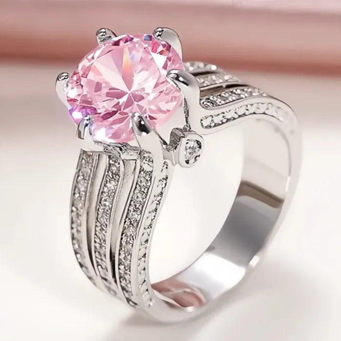 Luxury Brass Cubic Zirconia Wedding Engagement Ring for Women Pink White