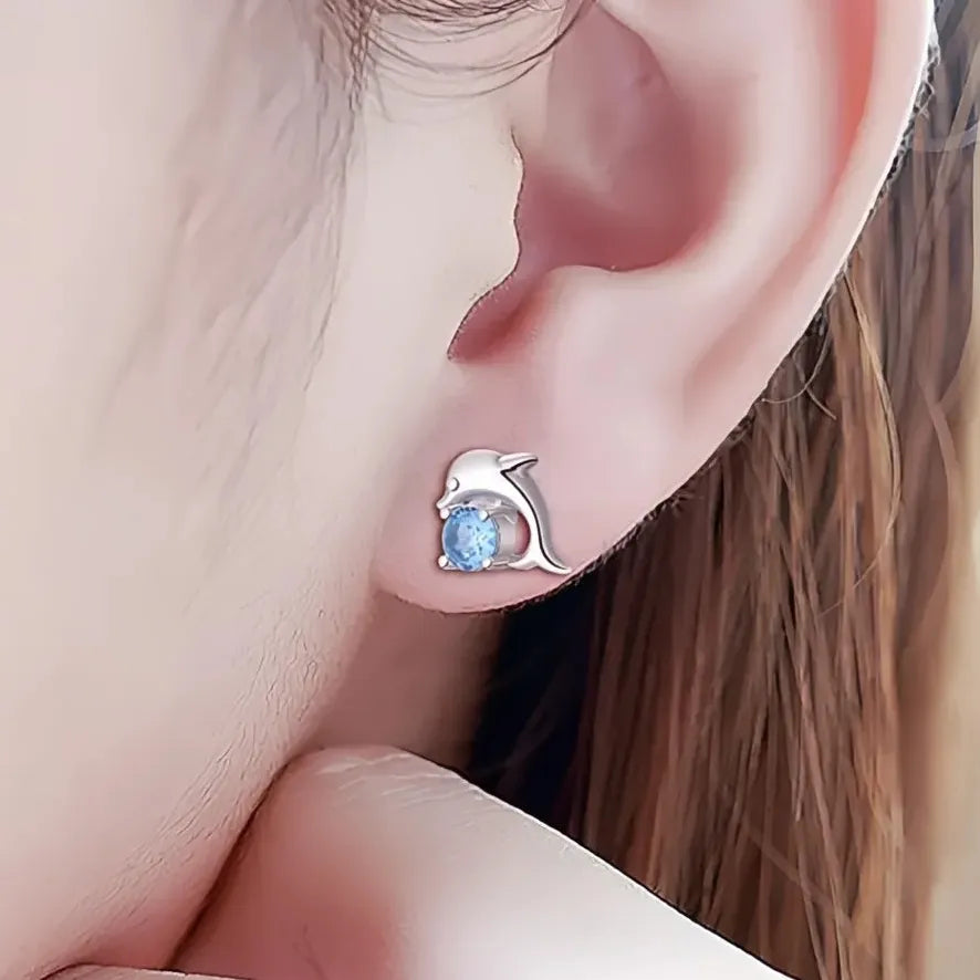 Ocean Blue Dolphin Cubic Zirconia Stud Earrings for Women Cute Animal Jewelry Gift