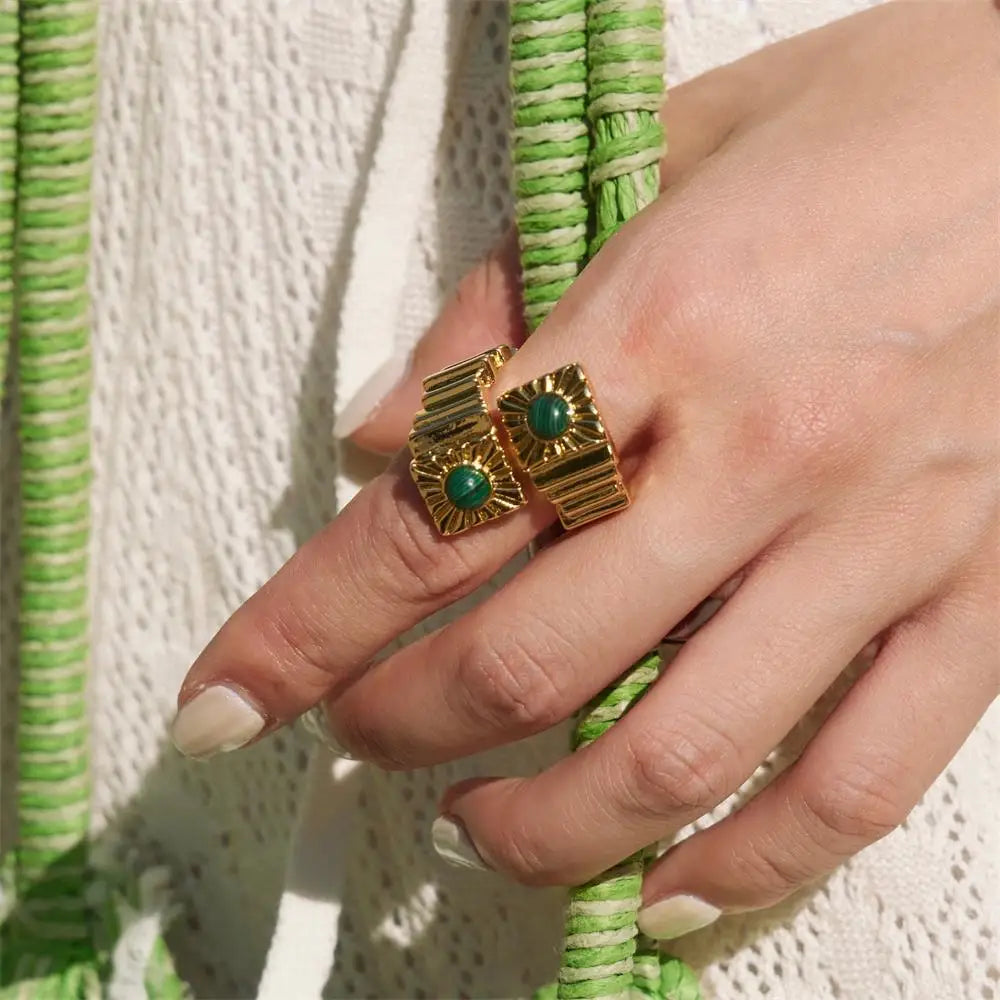 Geometric Stainless Steel Statement Ring for Women with Natural Turquoise Vintage Jewelry