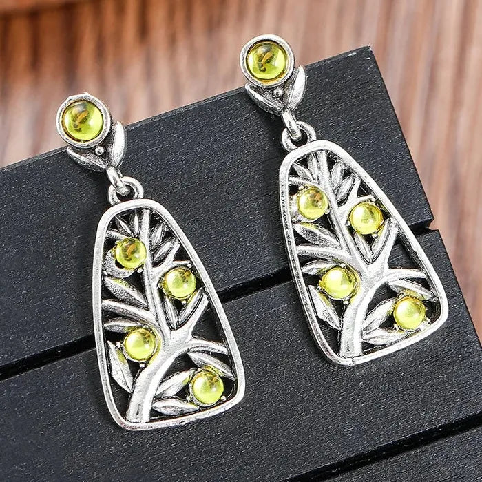 Handmade Vintage Bohemian Christmas Tree Earrings with Green Synthetic Stone Pendant
