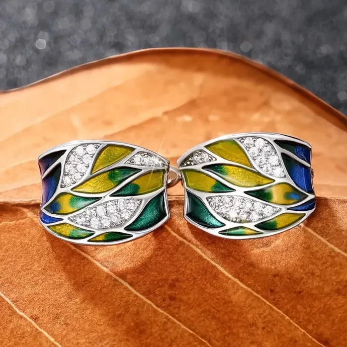 Women's Leaf Design Enamel Hoop Earrings Brass Alloy Anniversary Jewelry