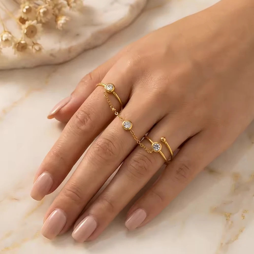 18K Gold Plated Zircon Double Round Chain Ring for Women Vintage Waterproof
