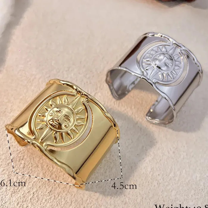 Gold Plated Stainless Steel Sun Pattern Wide Cuff Bracelet for Women