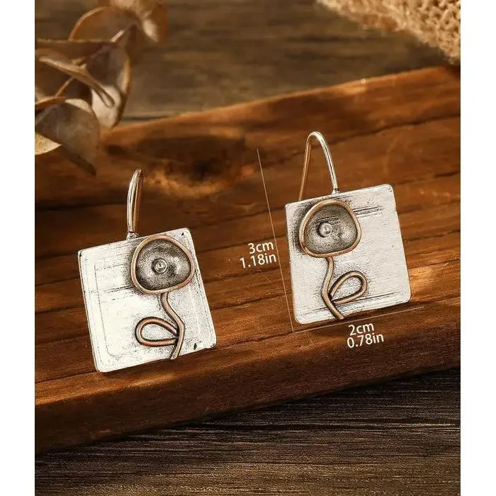 Vintage Zinc Alloy Metal Square Geometric Floral Carving Pendant Drop Earrings for Women