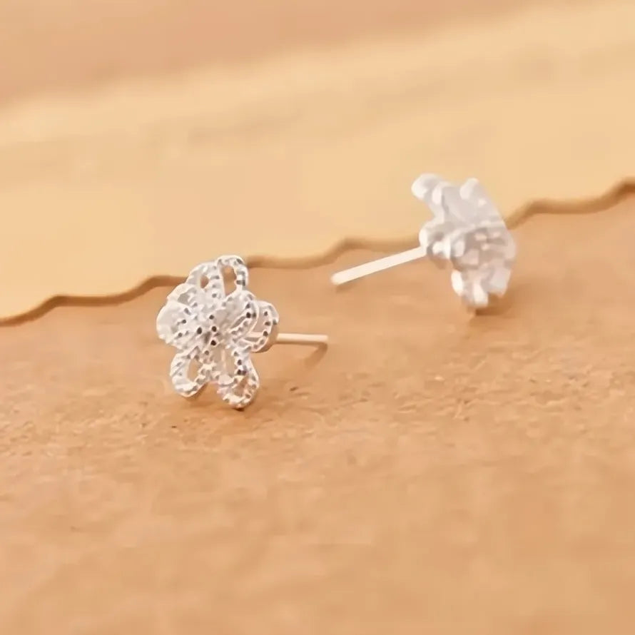 Silver Double Layer Geometric Flower Stud Earrings for Women Gift Copper Alloy