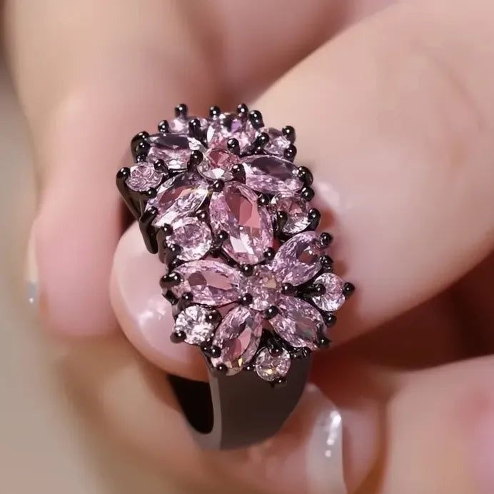 Black Brass Pink Cubic Zirconia Flower Ring Elegant Romantic Cocktail Jewelry
