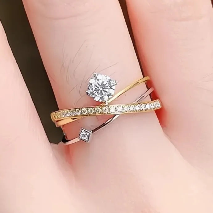 Irregular Cross Brass Ring with Sparkling Cubic Zirconia Wedding Jewelry