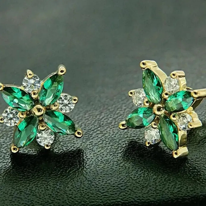 Gold Women Geometric Flower Stud Earrings with White Green CZ for Wedding