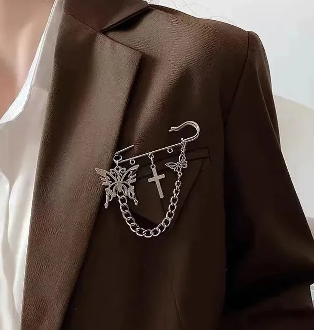 Geometric Zinc Alloy Brooch Double Pin Chain Clip for Men and Women