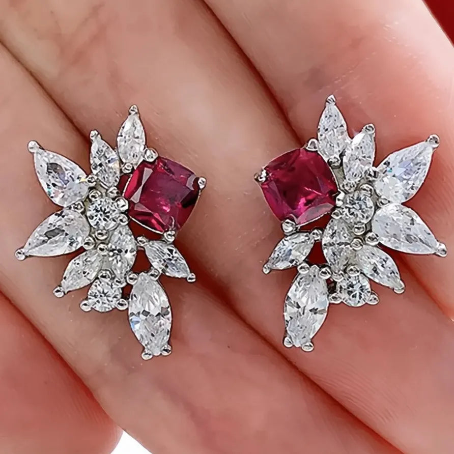 Luxury Red Geometric Cubic Zirconia Stud Earrings for Women Jewelry