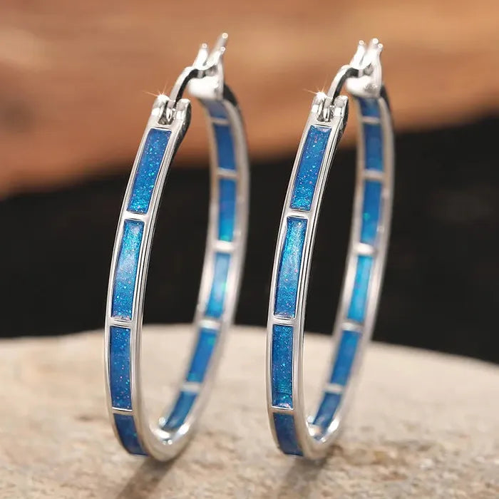 Big White and Blue Epoxy Resin Round Earrings for Women Brides, Copper Jewelry