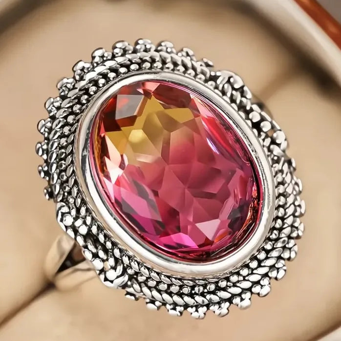Vintage Geometric Red Cubic Zirconia Brass Ring for Women