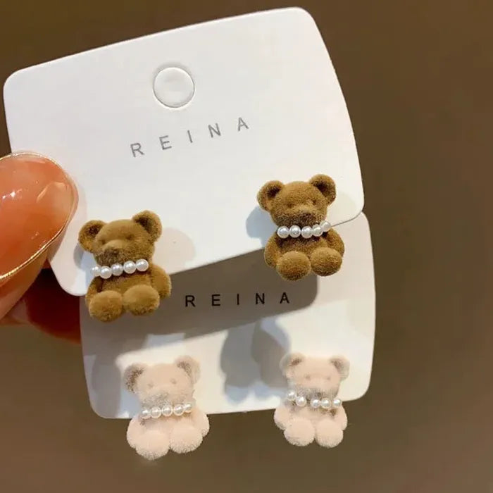Flocking Plush Pearl Bear Stud Earrings Zinc Alloy Animal Jewelry for Women