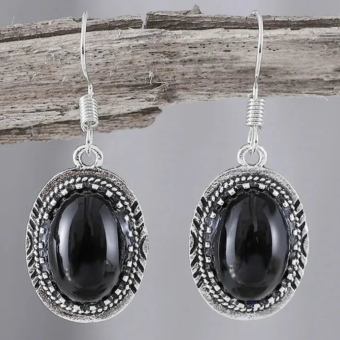 Vintage Silver Large Black Onyx Hoop Stud Earrings Zinc Alloy for Women
