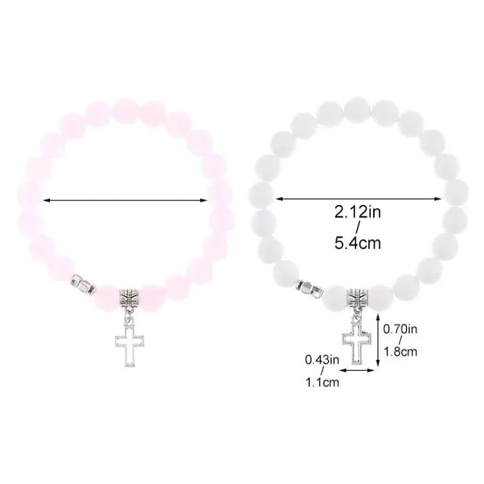 2Pcs Pink Crystal Beads Cross Bracelets Natural Stone Couple Jewelry Gift Set