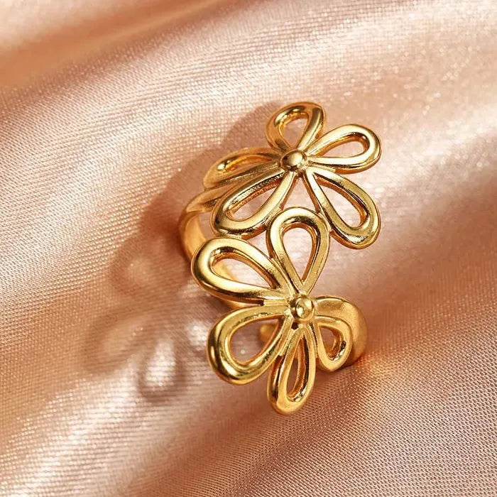 Adjustable Gold Color Stainless Steel Flower Ring Women Geometric Jewelry