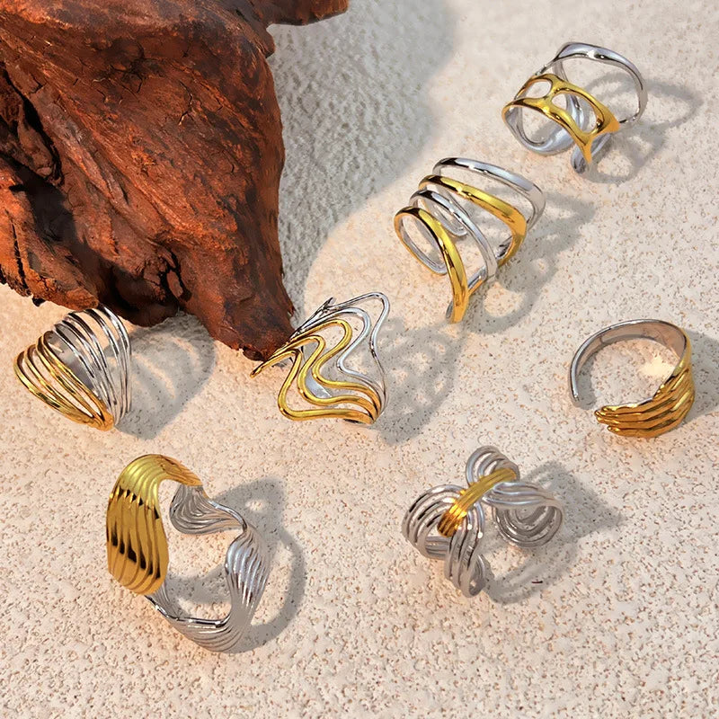 18k Gold Plated Punk Geometric Hollow Out Wide Wire Ring for Women Party Jewelry