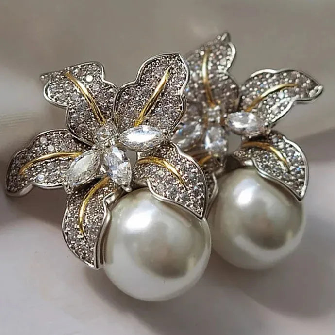 Flower Imitation Pearl Earrings Women Luxury CZ Stone Inlaid Zinc Alloy Studs