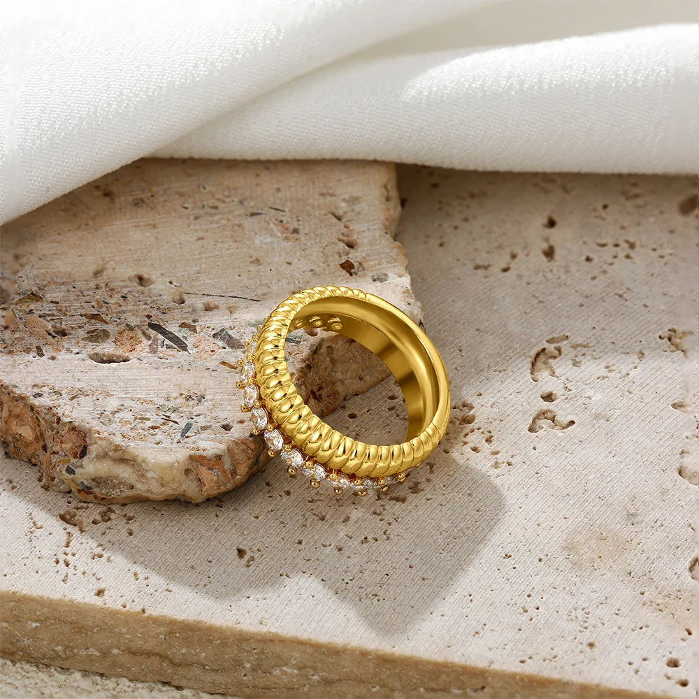 18k Gold Plated Stainless Steel Geometric CZ Zircon Wedding Ring Lightweight