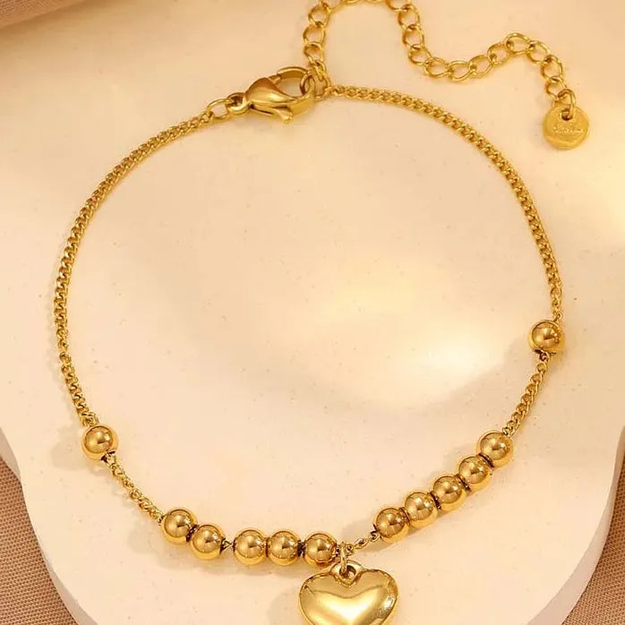 Stainless Steel Gold Heart Pendant Bracelet Women Metal Beaded Bangle Jewelry