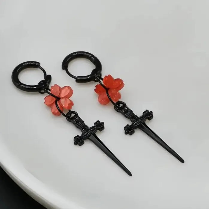 Punk Black Sakura Blade Small Hoop Earrings Gothic Cherry Blossom Jewelry