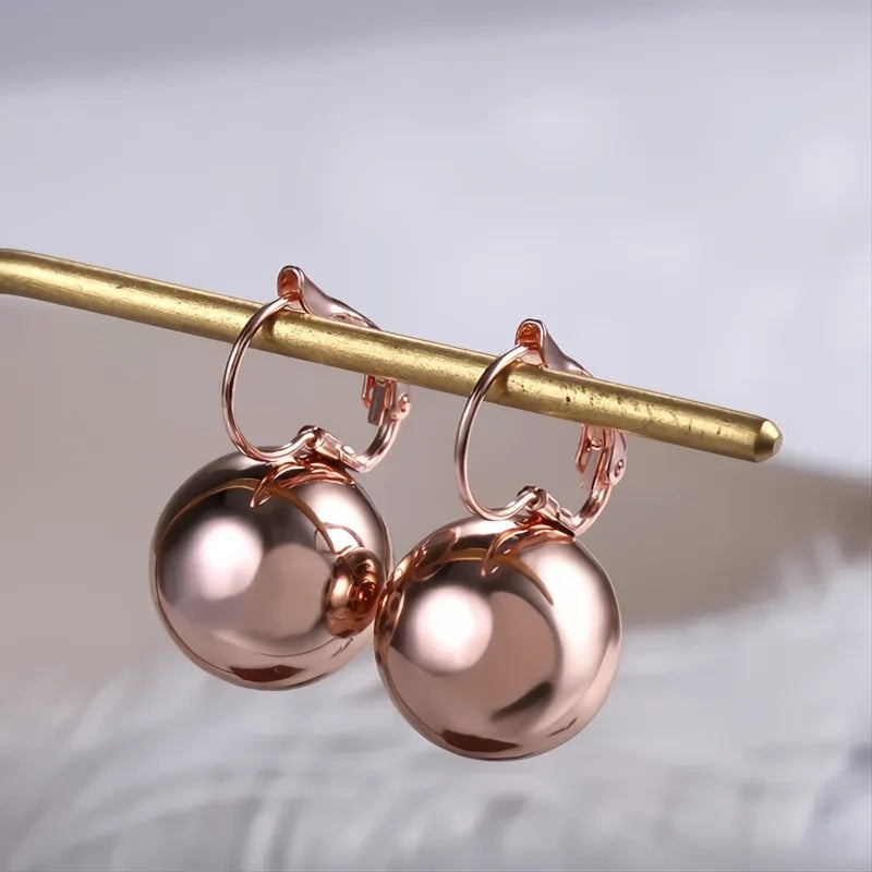 Simple Metallic Drop Earrings for Women Round Smooth Ball-Shape Pendant Copper Alloy Jewelry