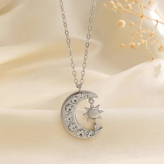 Copper Moon Star Rhinestone Pendant Necklace Women Y2K Crescent Sun Jewelry Gift