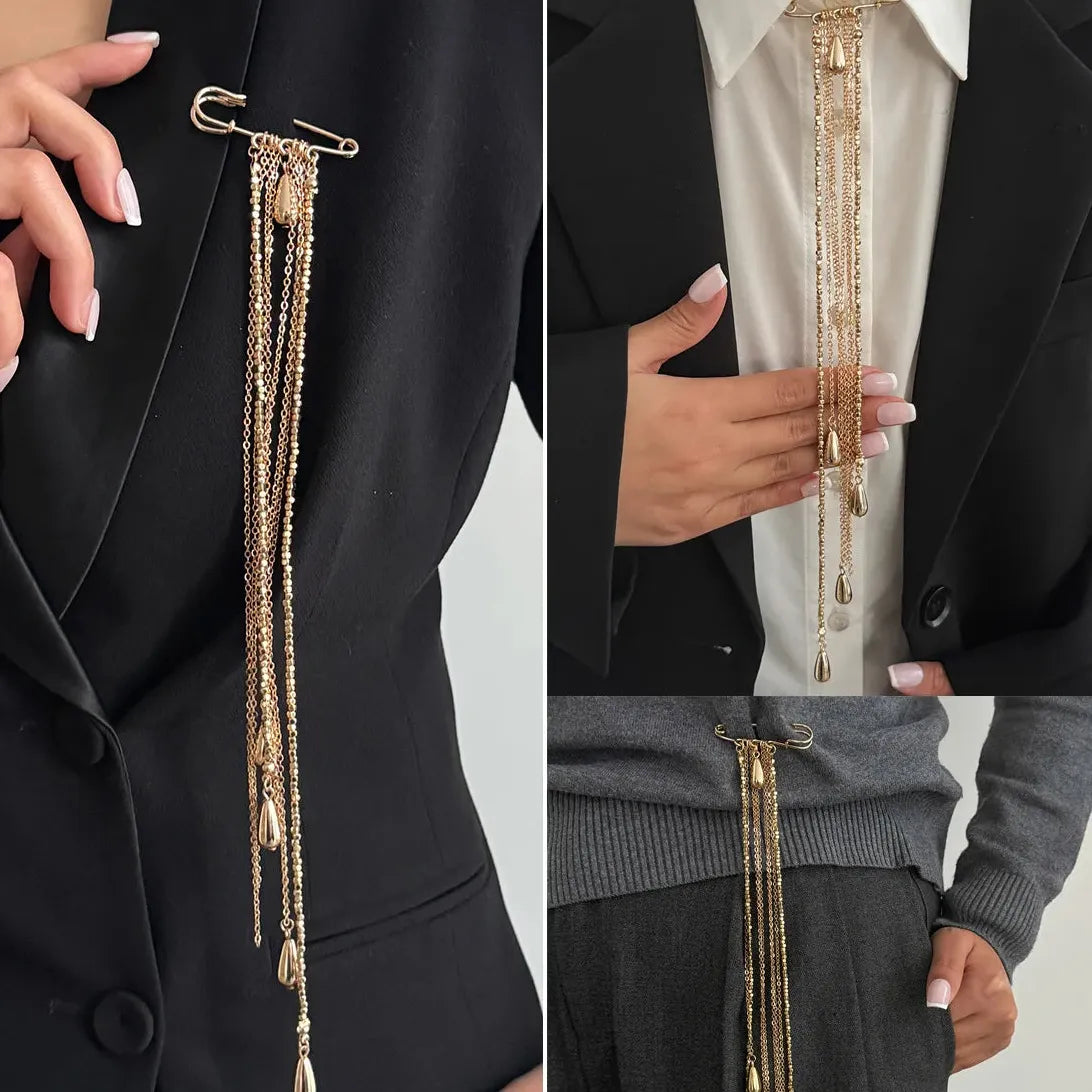 Water Drop Tassel Brooch Zinc Alloy Long Chain Pendant for Women Men