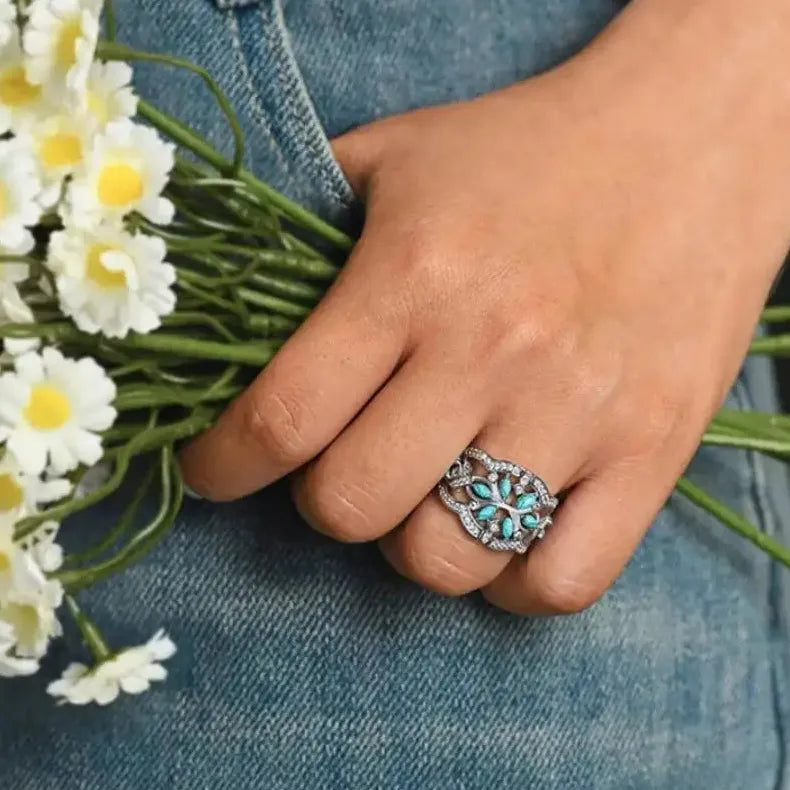 Silver Vintage Copper Ring Floral Pattern Inlaid Imitation Turquoise Women Gift