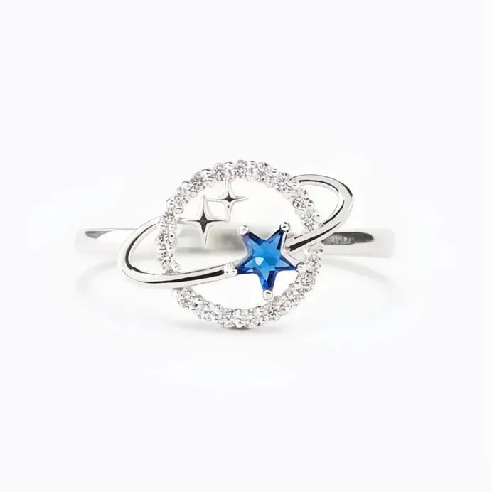 Silver Tone Blue Stars Planet Ring with Cubic Zirconia for Women