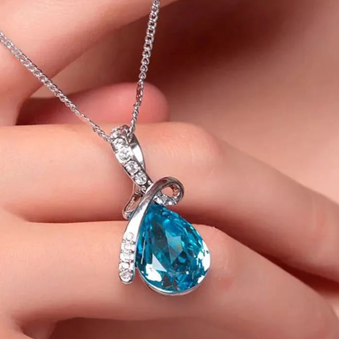 Blue Zirconia Water Drop Necklace for Women Engagement Brass Jewelry
