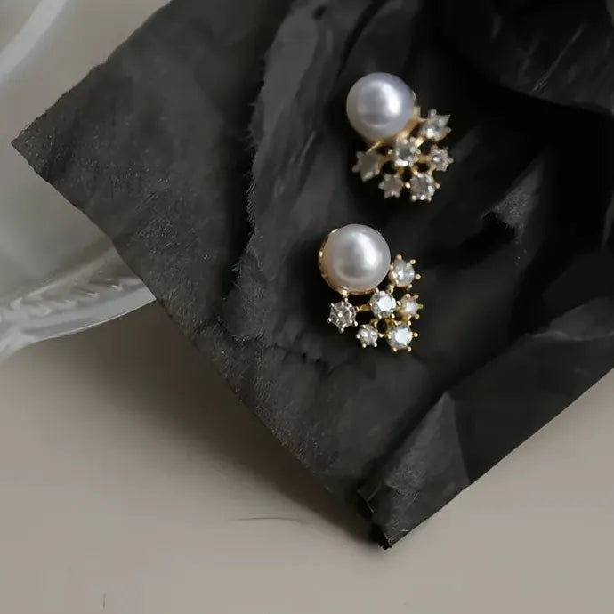 Geometric Pearl Stud Earrings with Shiny Star CZ Copper Alloy Jewelry for Women
