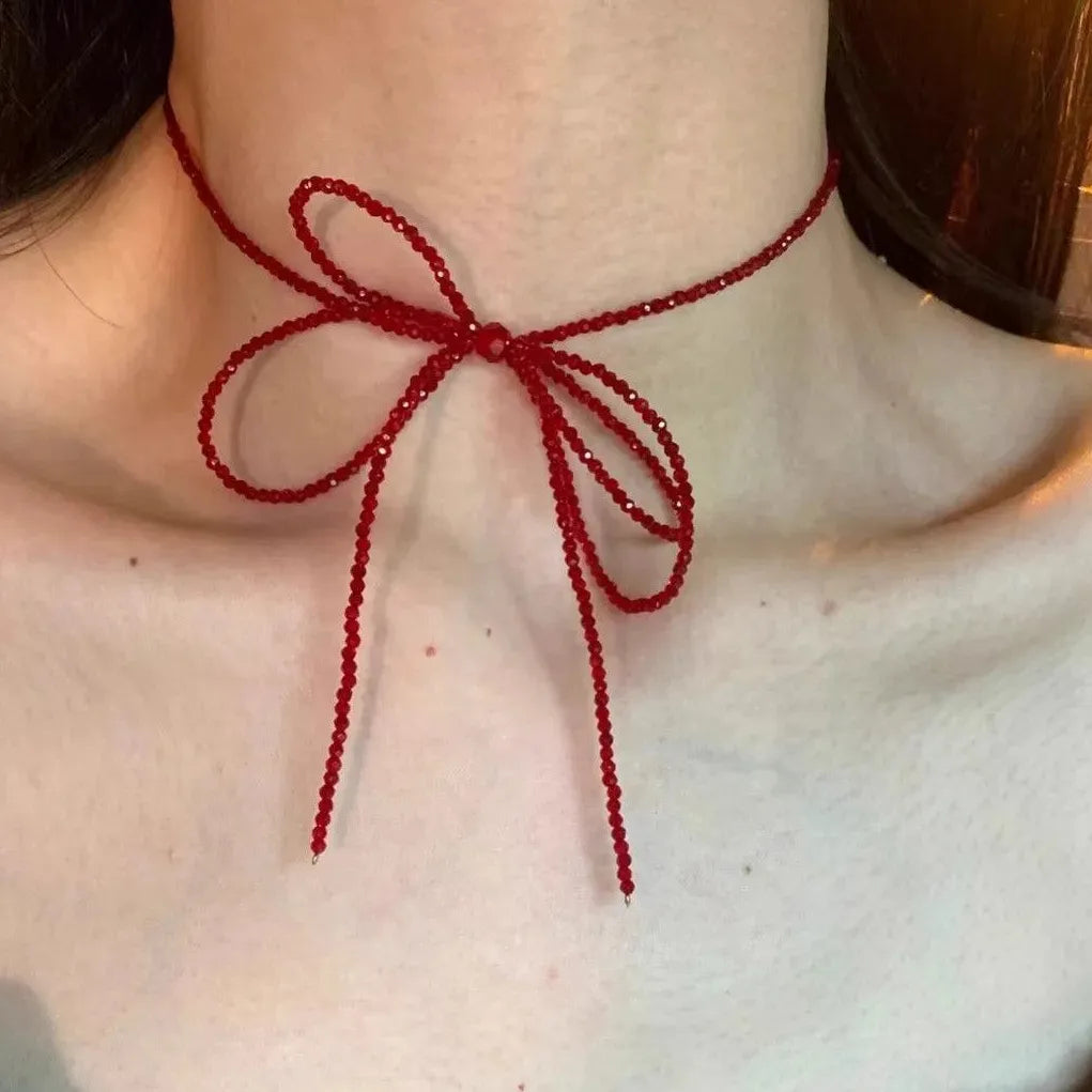Vintage Red Crystal Bead Bow Necklace Women Girls Long Tassel Choker Y2K Jewelry
