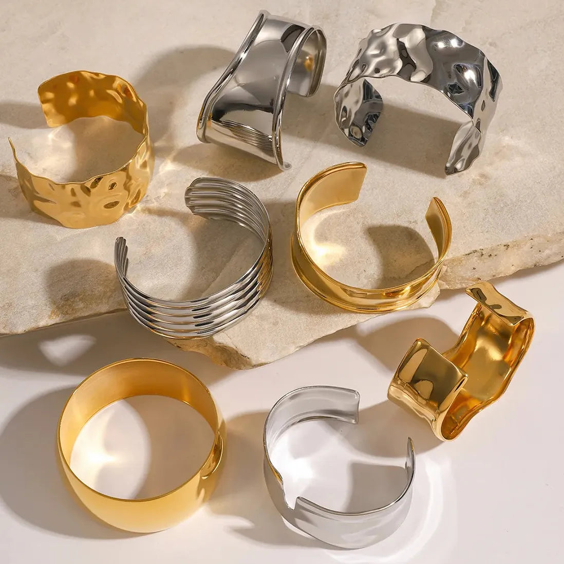 18k Gold Plated 316 Stainless Steel Geometric Adjustable Cuff Bracelet for Women