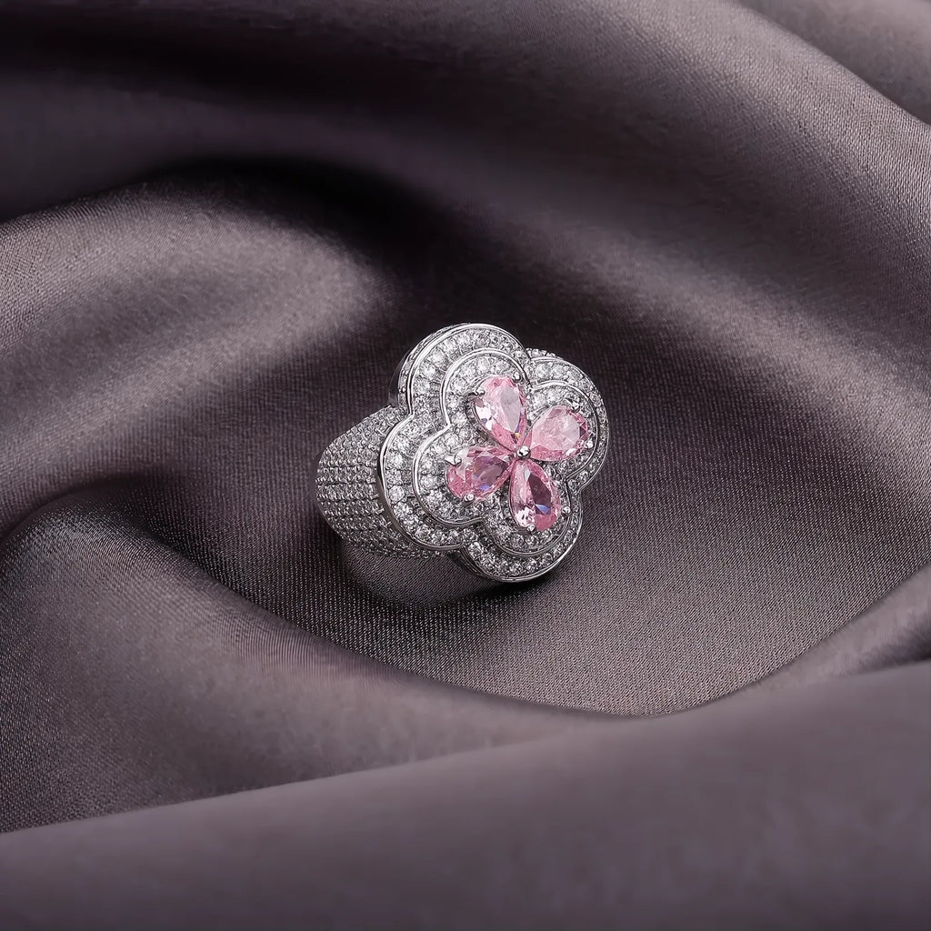 Iced Out Colorful Four Leaf Flower Ring Micro Pave CZ Bling Men Women Jewelry
