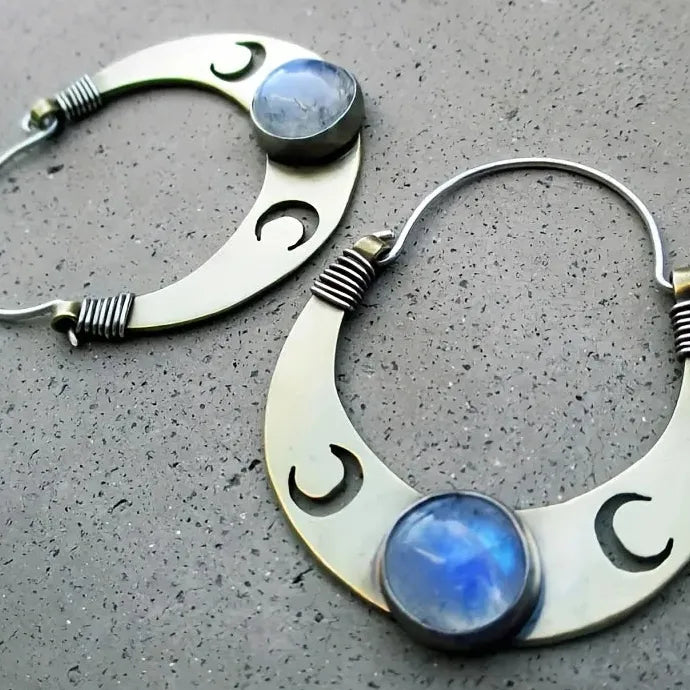 Bohemian Moon Shaped Inlaid Moonstone Earrings for Women Zinc Alloy