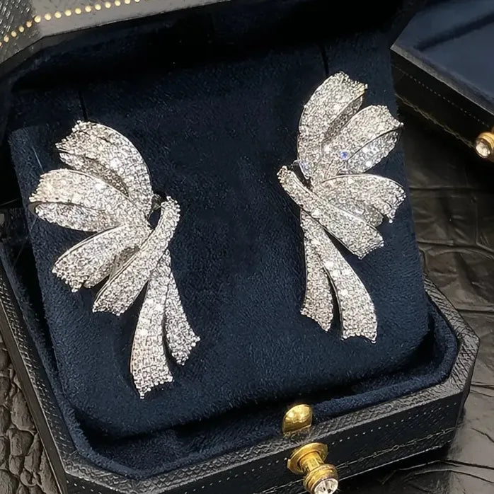 Trendy Bow Drop Earrings Silver Gold CZ Ribbon Jewelry for Women