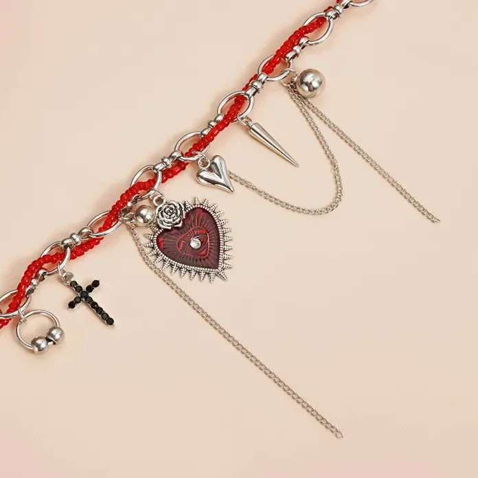 Zinc Alloy Red Beaded Heart Cross Rivet Pendant Necklace Gift