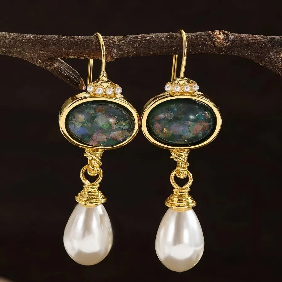 Gold Color Black Stone Round Geometry Drop Earrings for Women Pearl Dangle Jewelry