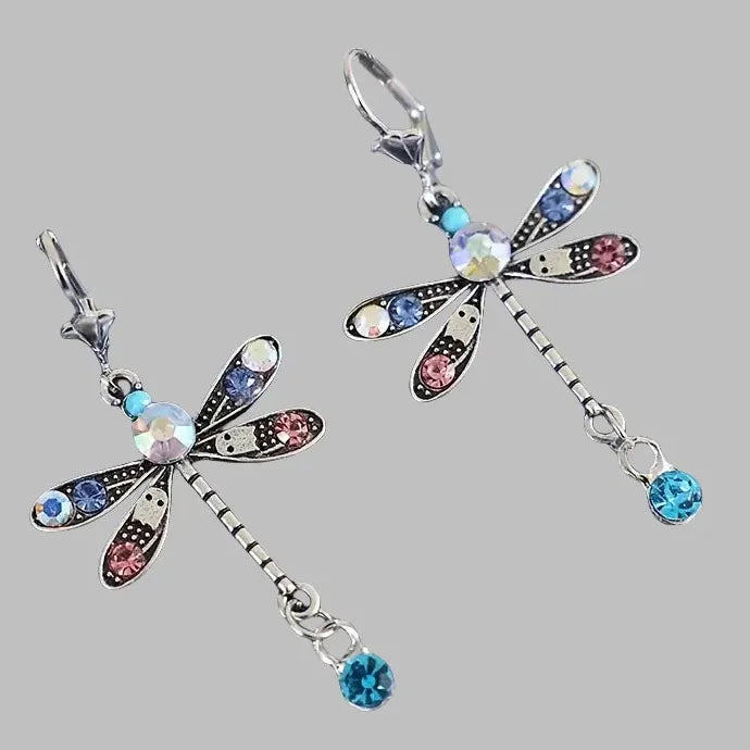 Dragonfly Drop Earrings Vintage Style Zinc Alloy Colorful Rhinestones
