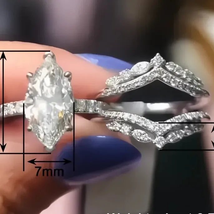 2Pcs Women’s Silver Brass Rings Set with CZ Inlay for Wedding & Party Gift