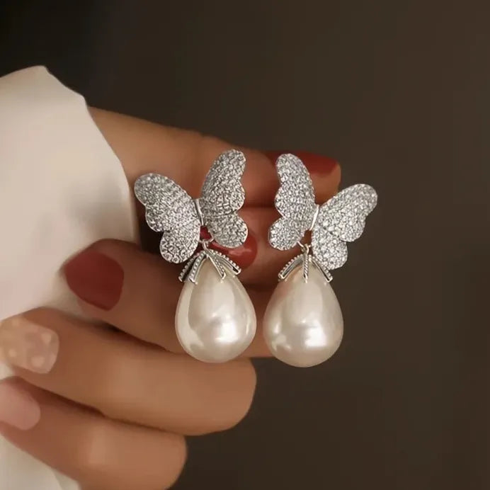 Elegant Butterfly Drop Earrings with Pearl Cubic Zirconia Jewelry for Women