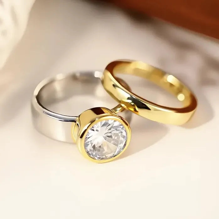 Two Tone 2Pcs Cubic Zirconia Brass Wedding Engagement Rings for Women