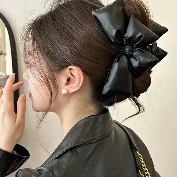 Large Black PU Leather Bow Claw Clip No-Slip Hair Accessory for Thick Hair