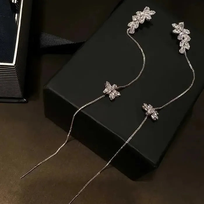 Zinc Alloy Shiny Rhinestone Clip Tassel Earrings for Women Girls