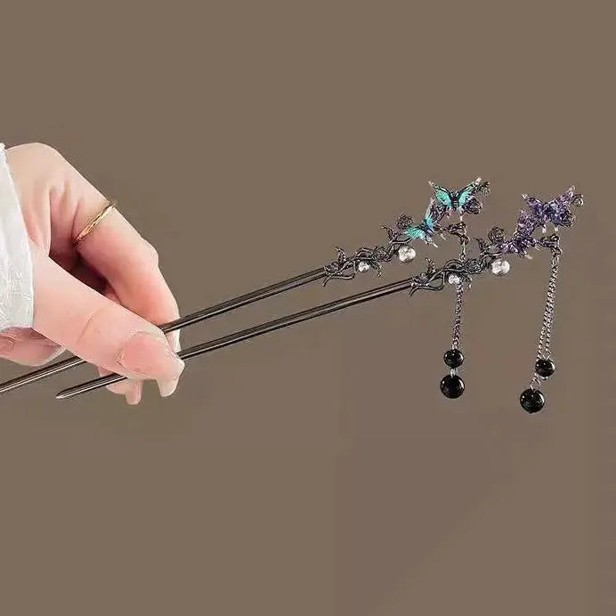 Elegant Double Butterfly Tassel Hairpin for Women Zinc Alloy Hair Clasp