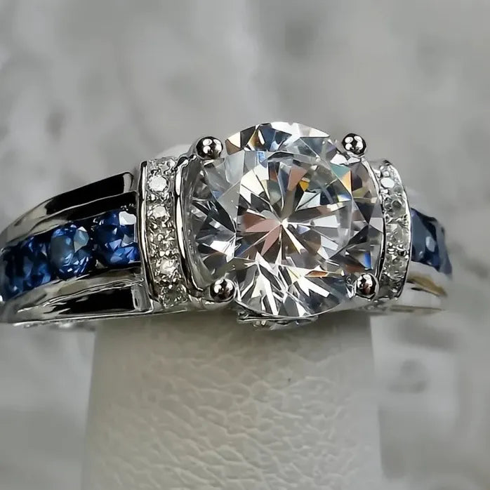 Elegant Brass Blue White CZ Geometric Wedding Band Ring for Women Gift