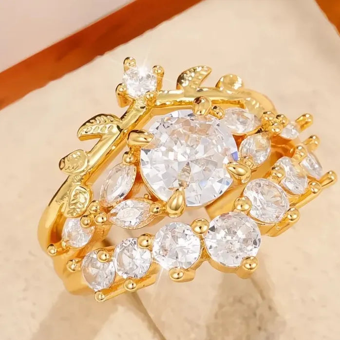 Women Wedding Ring Set 2Pcs Leaf Design Luxury Cubic Zirconia Jewelry