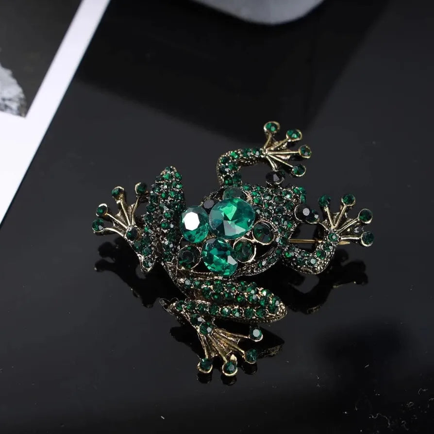 Large Green Crystal Frog Brooch Enamel Pin Wedding Accessory for Women